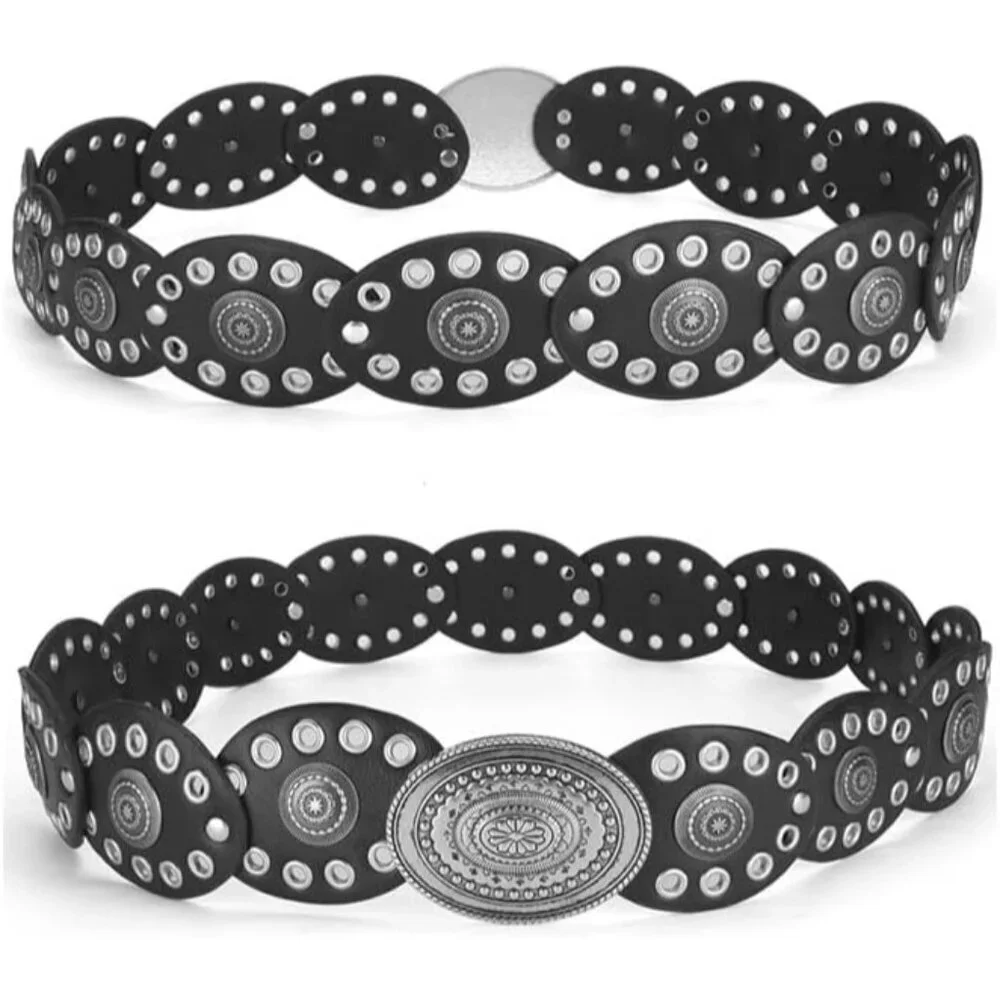 Women’s Wide Leather Western Cowboy Disc Belt Vintage Cowgirl Style for Jeans